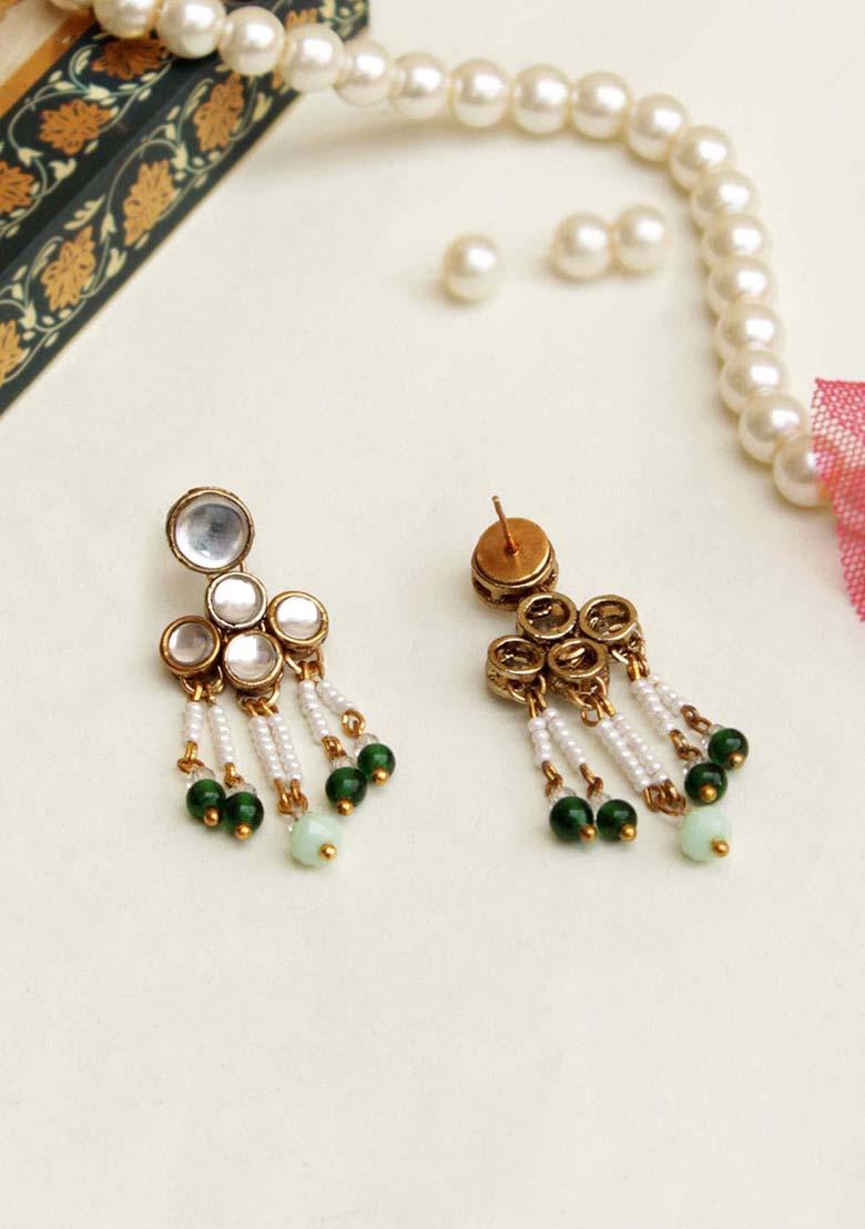 Green Mixed Alloy Teeny Drop Kundan Earrings Earrings