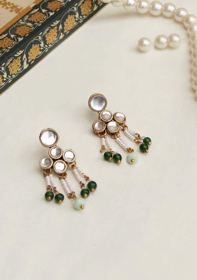 Green Mixed Alloy Teeny Drop Kundan Earrings Earrings