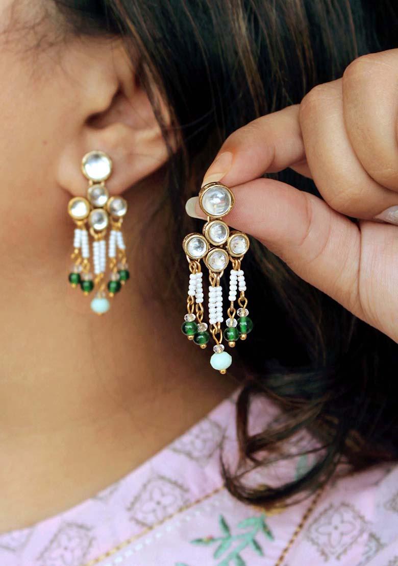Green Mixed Alloy Teeny Drop Kundan Earrings Earrings