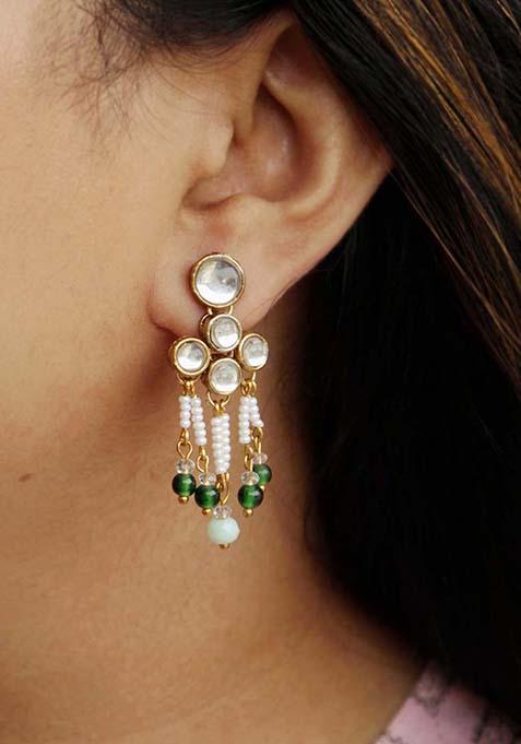 Green Mixed Alloy Teeny Drop Kundan Earrings Earrings