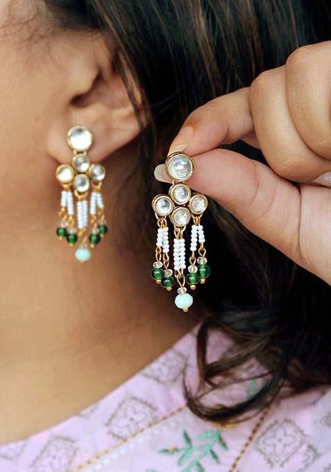 Green Mixed Alloy Teeny Drop Kundan Earrings Earrings