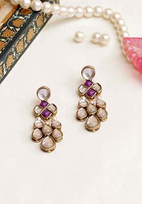White Mixed Alloy Droopy Kundan Earrings Earrings