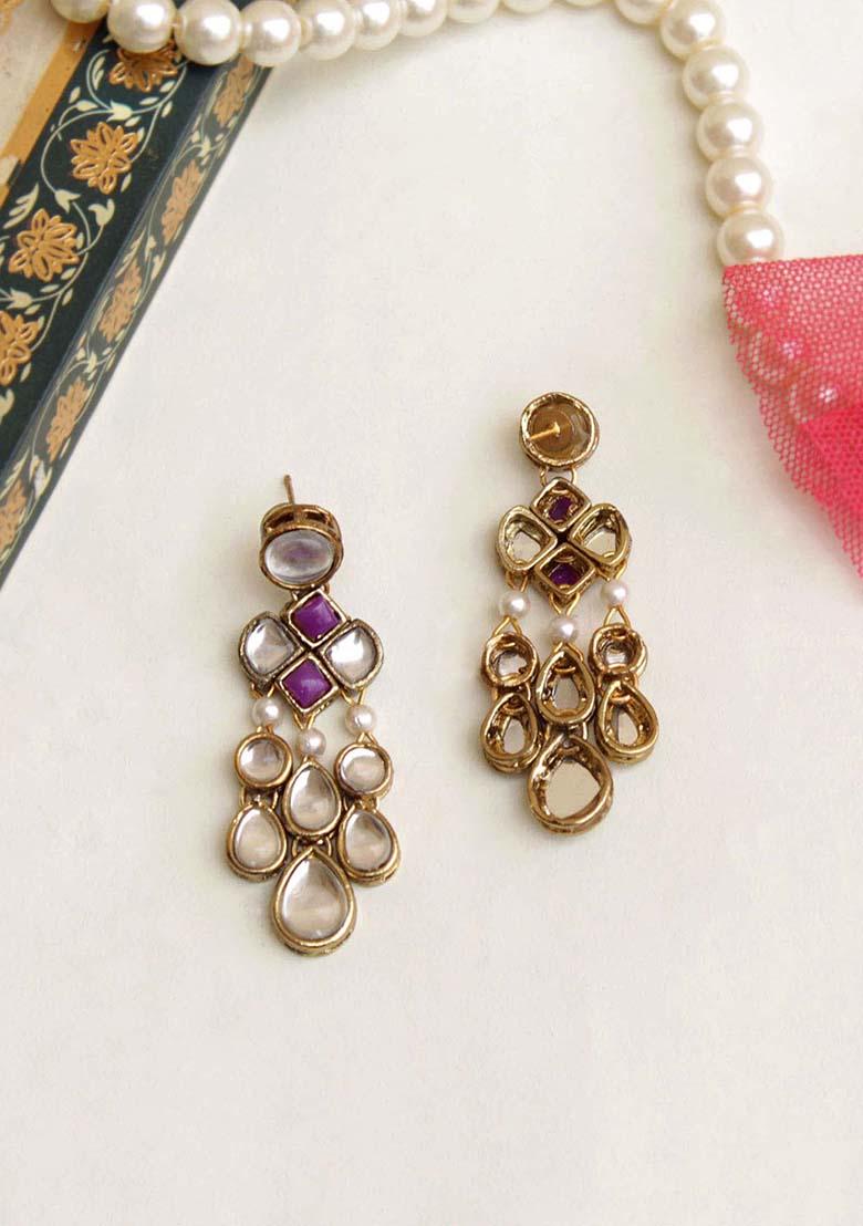 White Mixed Alloy Droopy Kundan Earrings Earrings