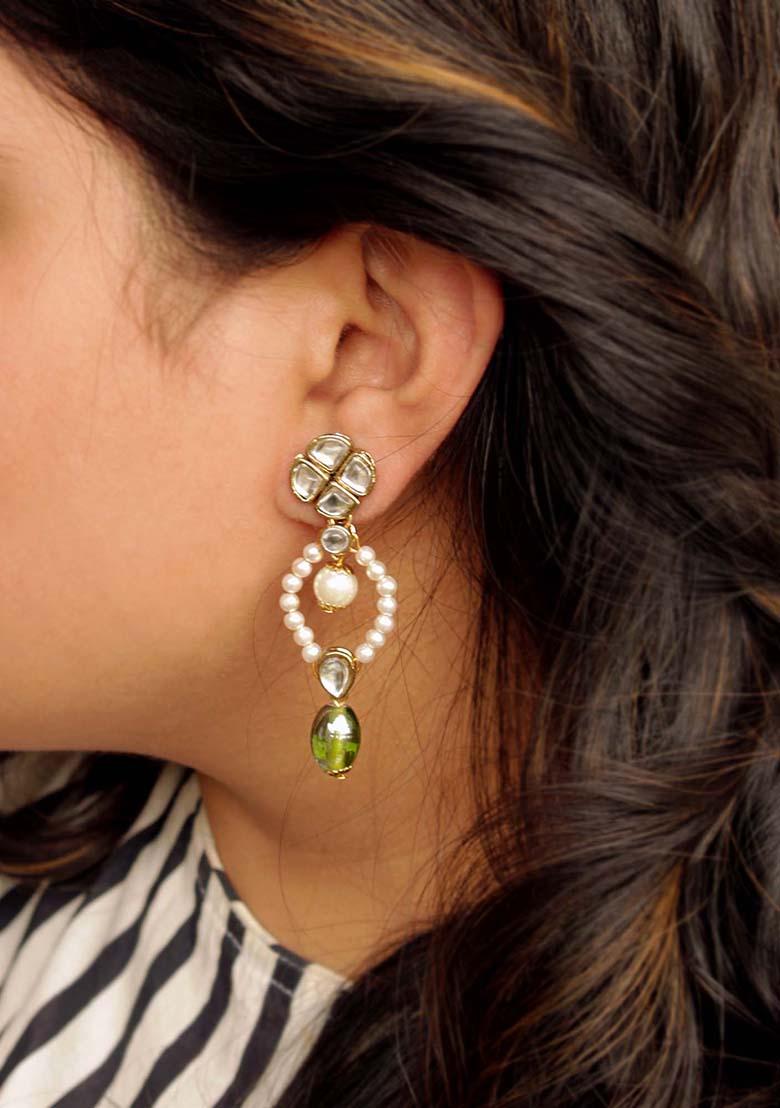 Green Mixed Alloy Semi Precious Beadsand Kundan Earrings Earrings