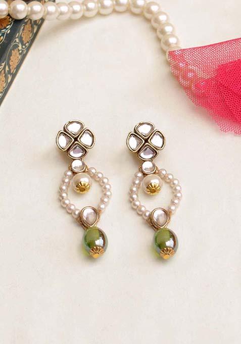 Green Mixed Alloy Semi Precious Beadsand Kundan Earrings Earrings