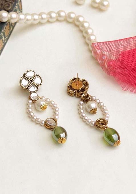 Green Mixed Alloy Semi Precious Beadsand Kundan Earrings Earrings