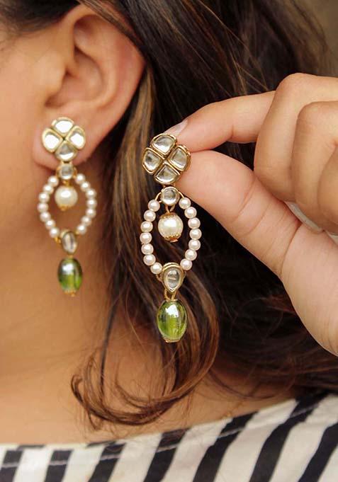 Green Mixed Alloy Semi Precious Beadsand Kundan Earrings Earrings