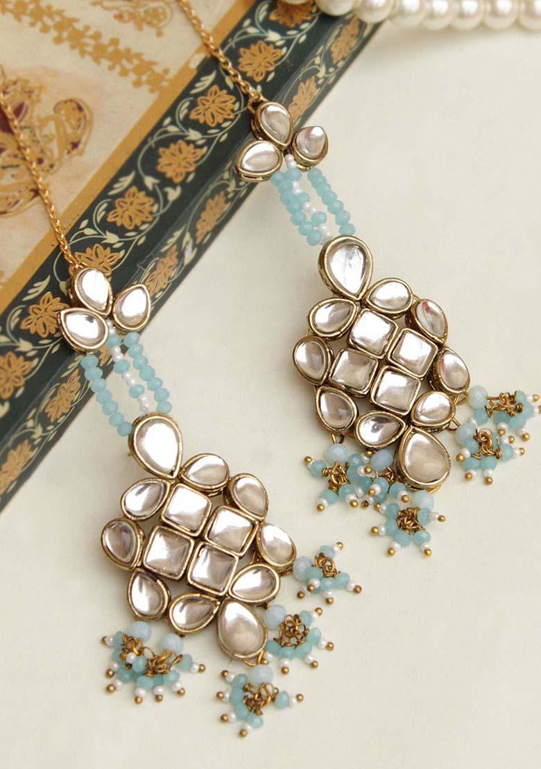 Light Blue Mixed Alloy Majestic Kundan Earrings Earrings