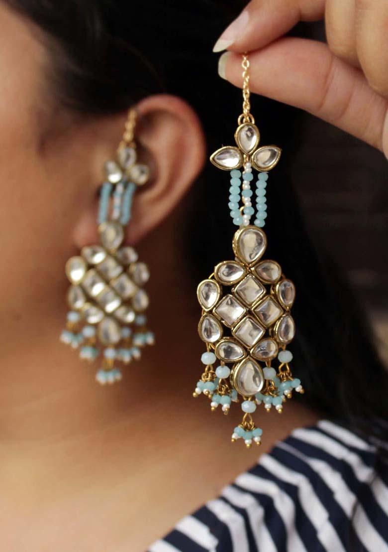Light Blue Mixed Alloy Majestic Kundan Earrings Earrings