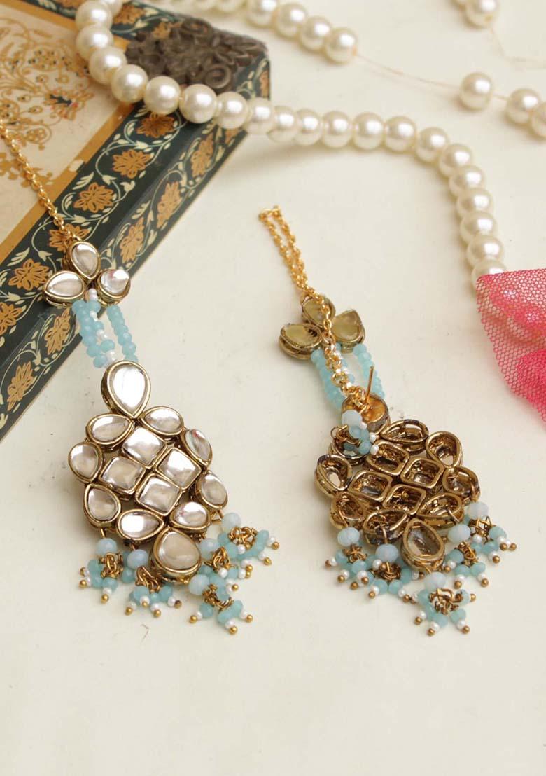 Light Blue Mixed Alloy Majestic Kundan Earrings Earrings