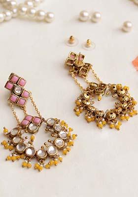 Pink Mixed Alloy Dramatic Kundan Chandbali Earrings