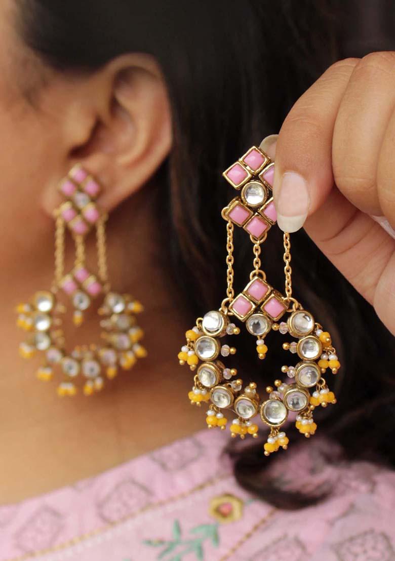 Pink Mixed Alloy Dramatic Kundan Chandbali Earrings