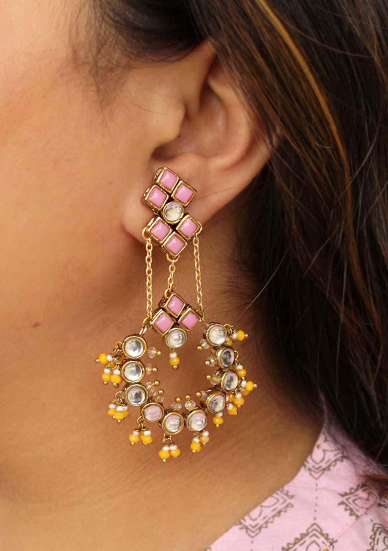 Pink Mixed Alloy Dramatic Kundan Chandbali Earrings