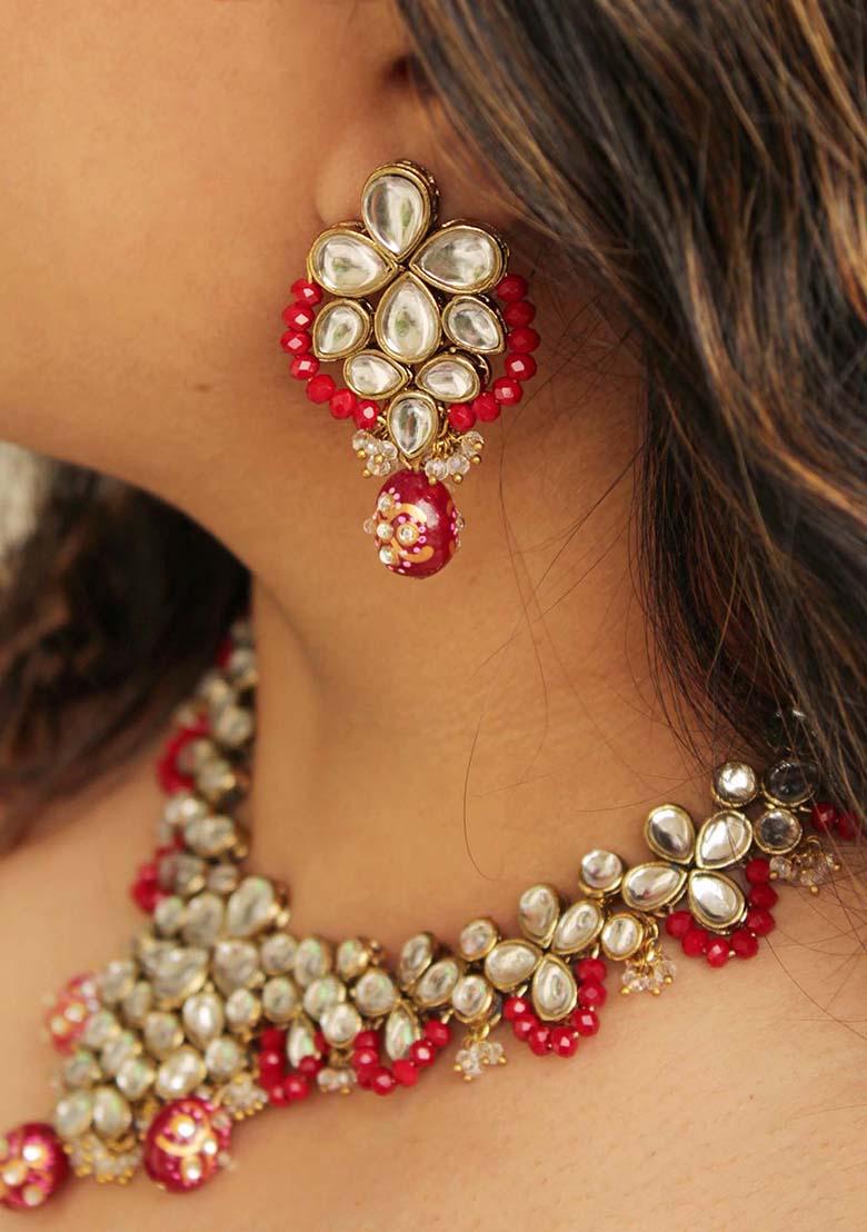 Red Mixed Alloy Red Crescent Kundan Earring Earrings