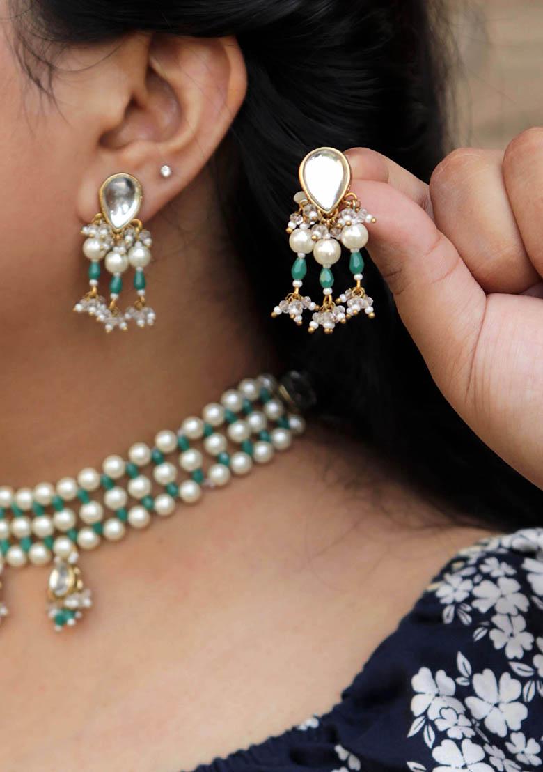 Green Mixed Alloy Dainty Pearl With Green Beads Earrings Earrings