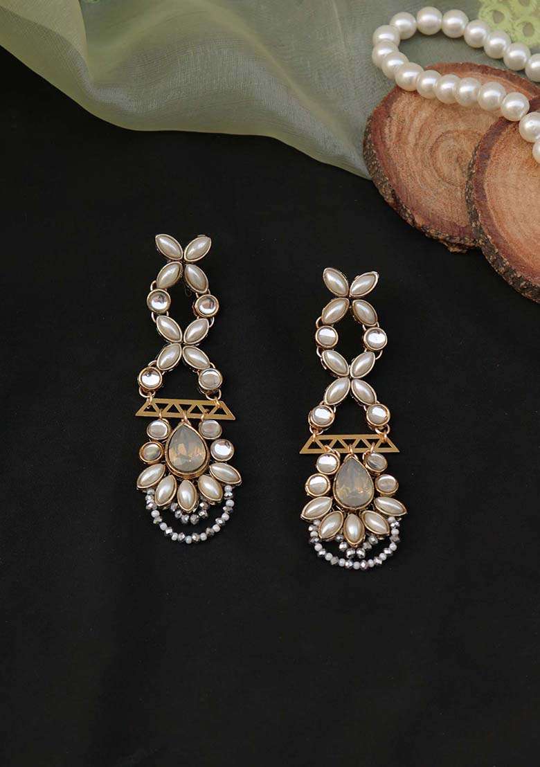 Golden Mixed Alloy Kundan Studded Dangler Earrings - Indya