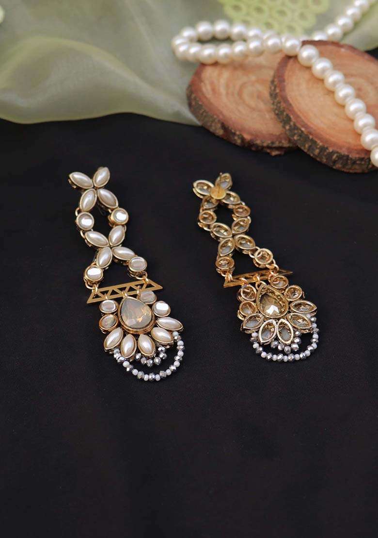 Golden Mixed Alloy Kundan Studded Dangler Earrings - Indya