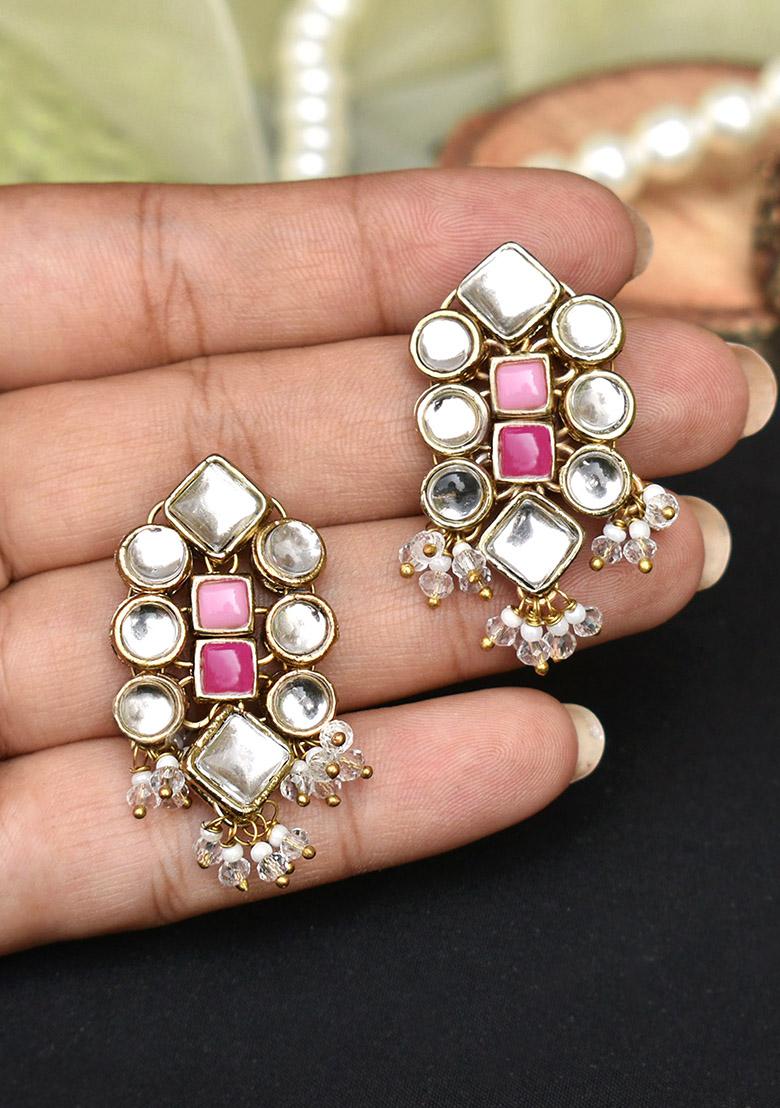 Pink Mixed Alloy Enamoured Kundan Earrings Earrings