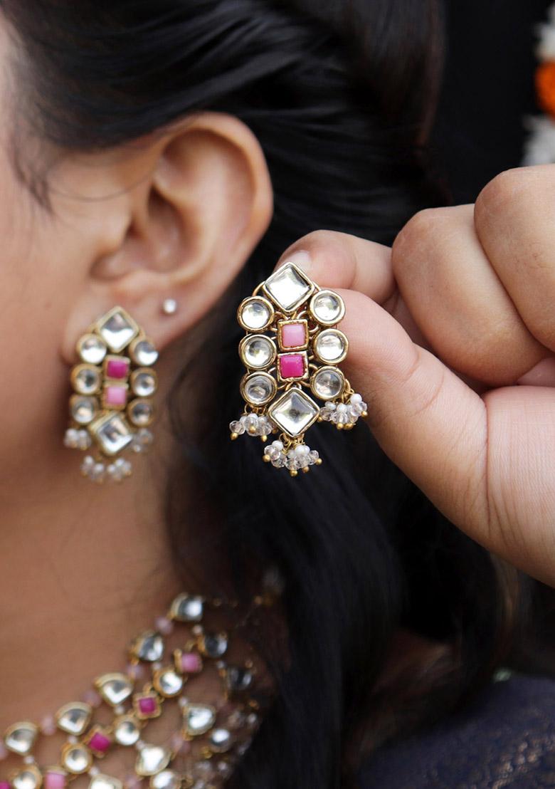 Pink Mixed Alloy Enamoured Kundan Earrings Earrings