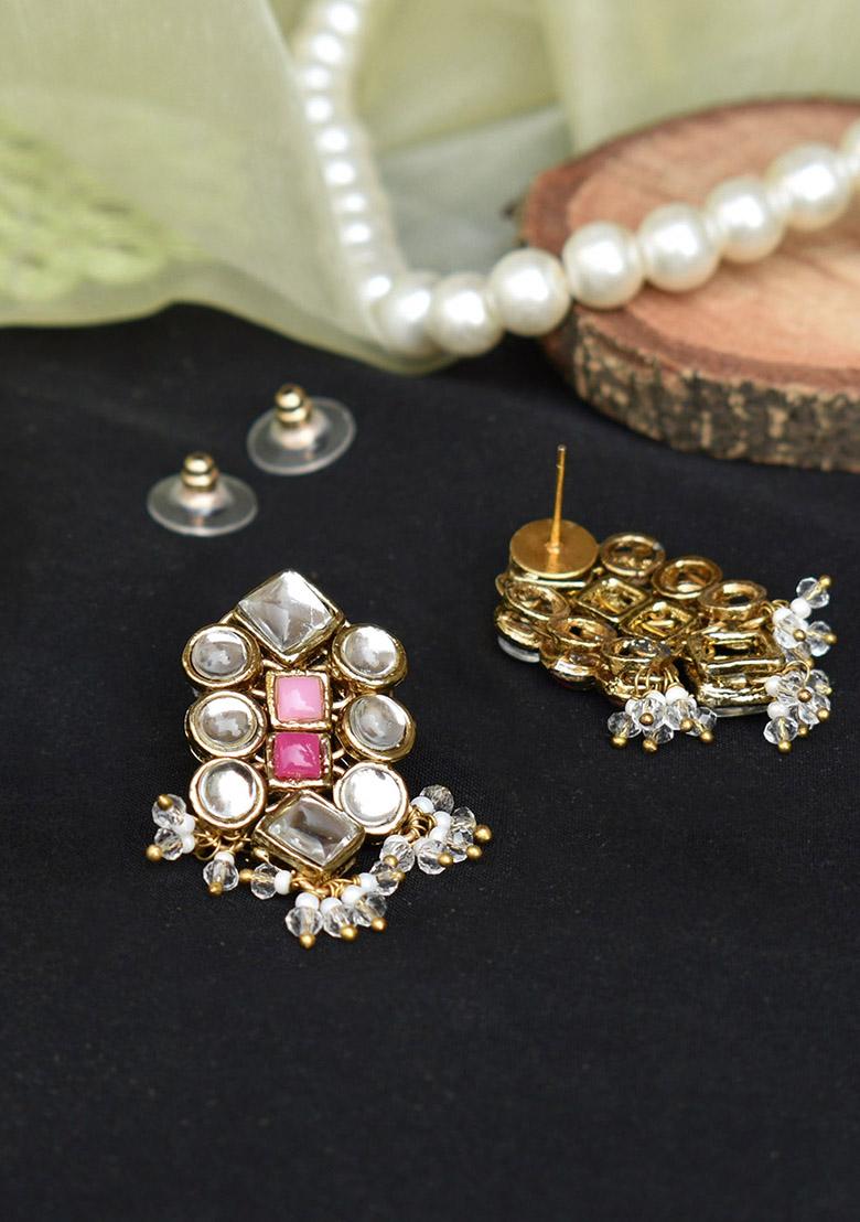 Pink Mixed Alloy Enamoured Kundan Earrings Earrings