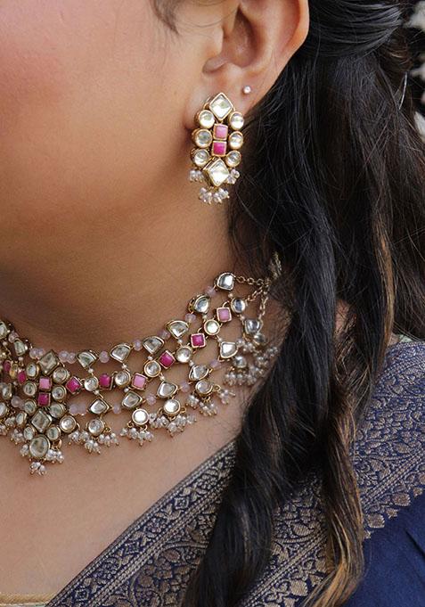 Pink Mixed Alloy Enamoured Kundan Earrings Earrings