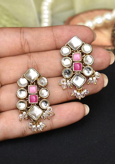 Pink Mixed Alloy Enamoured Kundan Earrings Earrings