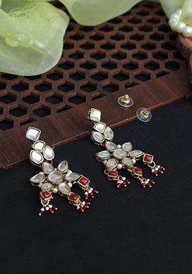 Red Mixed Alloy Floral Kundan Drop Earrings