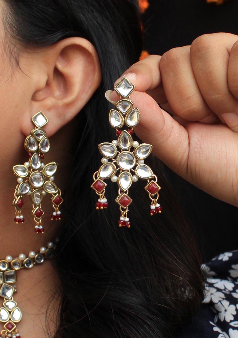 Red Mixed Alloy Floral Kundan Drop Earrings