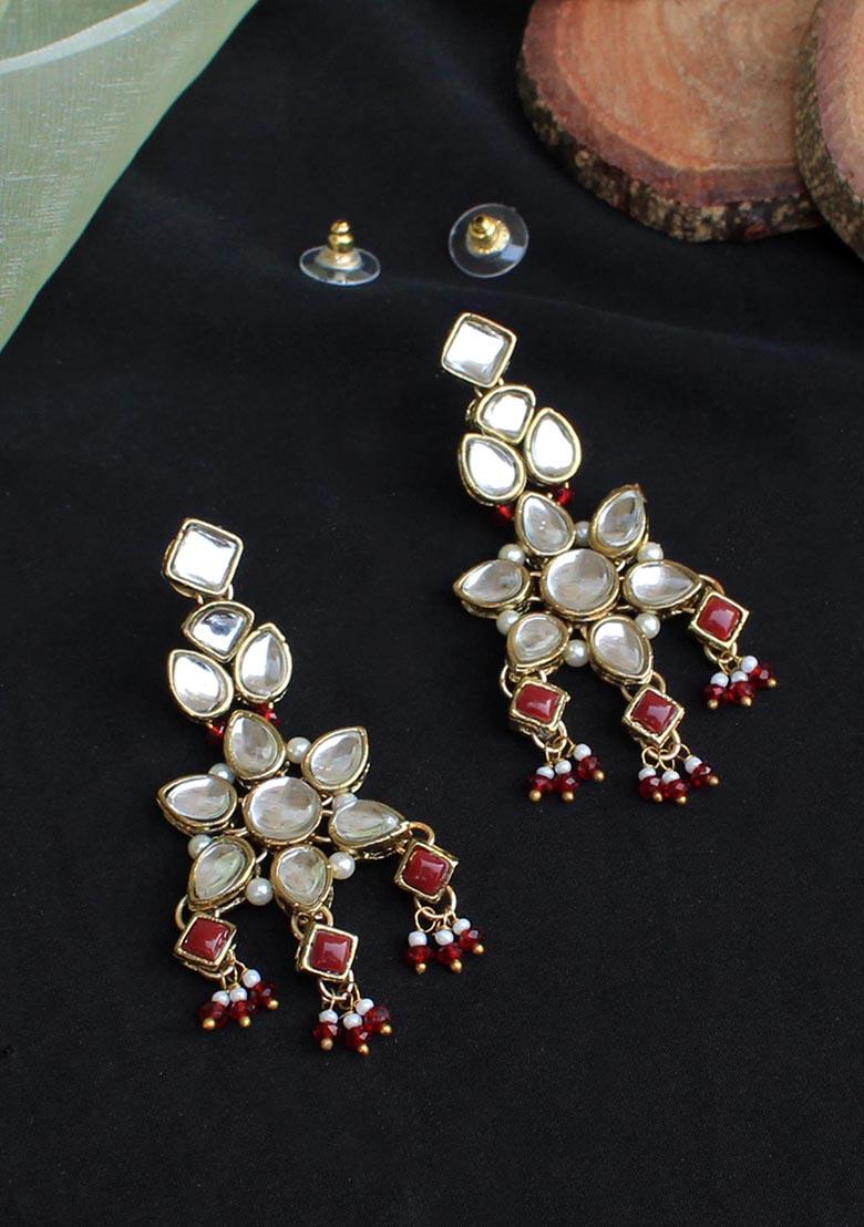 Red Mixed Alloy Floral Kundan Drop Earrings