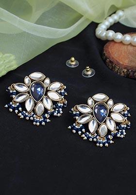 Blue Mixed Alloy Floral Grace Kundan Stud Earrings