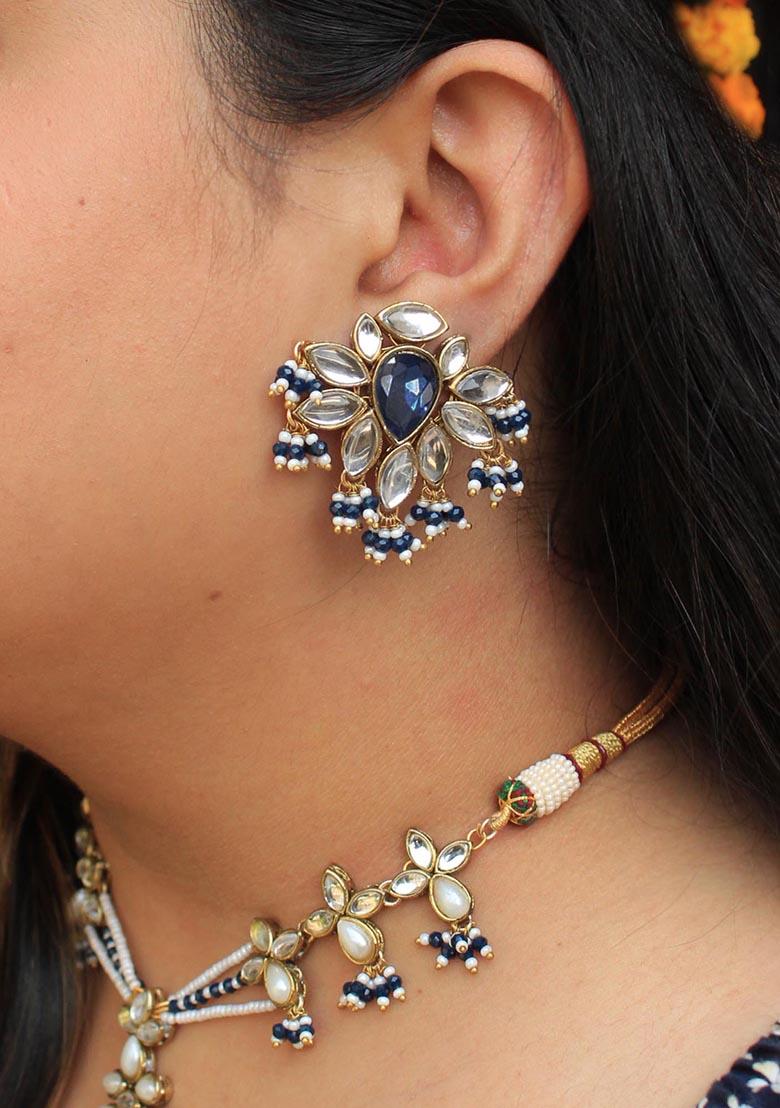 Blue Mixed Alloy Floral Grace Kundan Stud Earrings