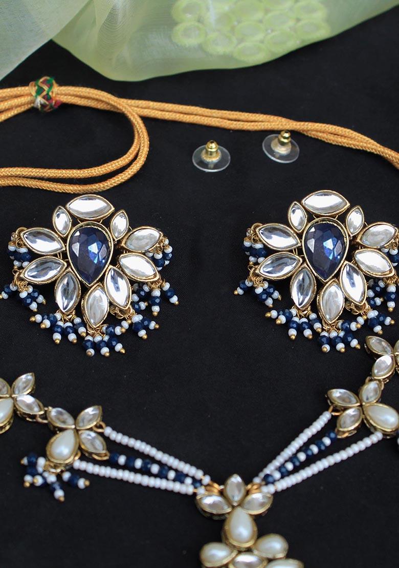 Blue Mixed Alloy Floral Grace Kundan Stud Earrings