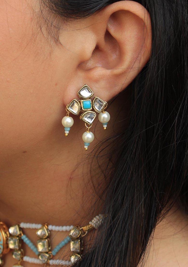 Green Mixed Alloy Blue Enamel Kundan Stud Earrings