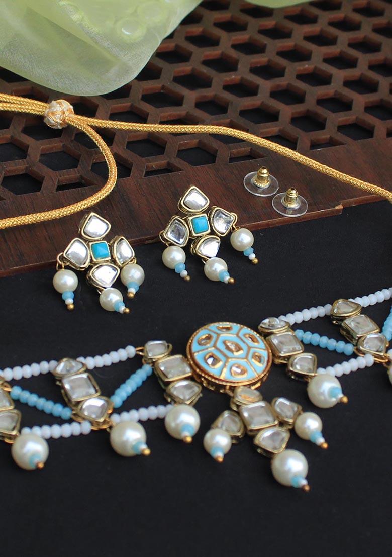 Green Mixed Alloy Blue Enamel Kundan Stud Earrings