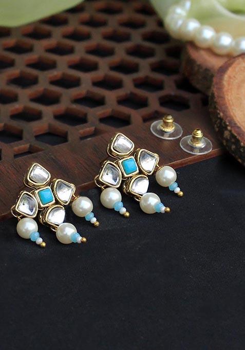 Green Mixed Alloy Blue Enamel Kundan Stud Earrings