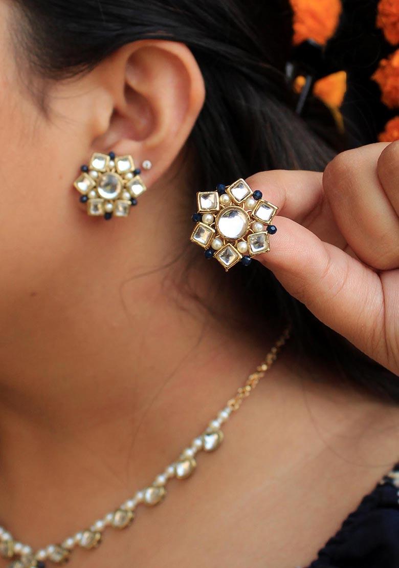 White Mixed Alloy Kundan Blossom Stud Earrings