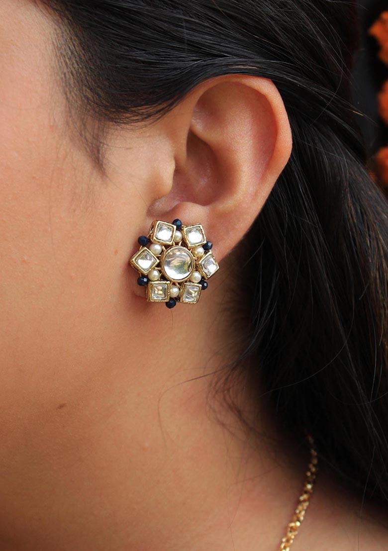 White Mixed Alloy Kundan Blossom Stud Earrings