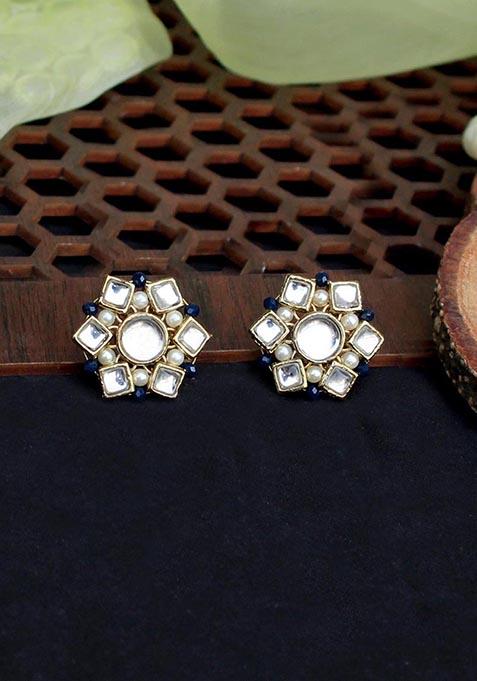 White Mixed Alloy Kundan Blossom Stud Earrings