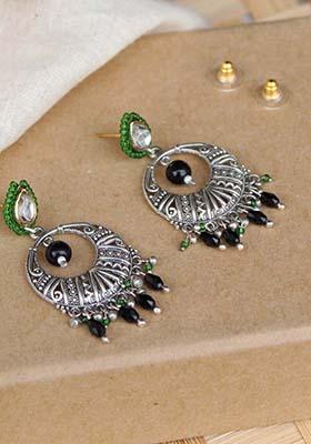 Black And Green Mixed Alloy Dangling Chaand Bali Earrings