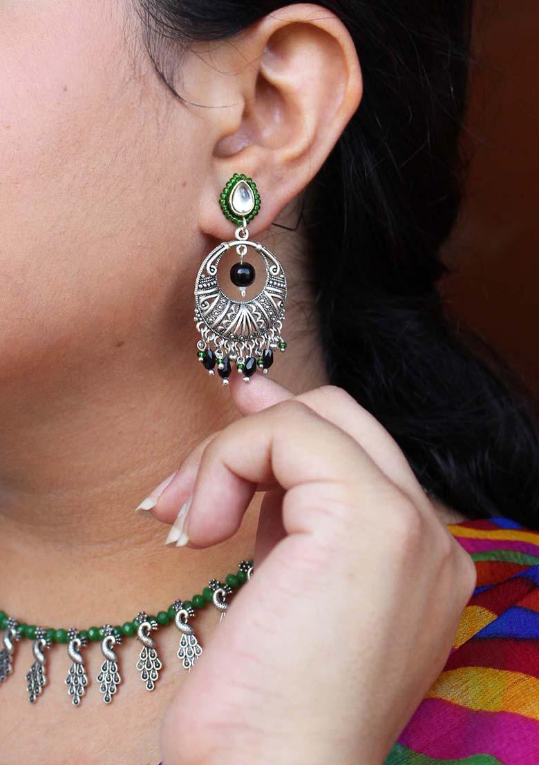 Black And Green Mixed Alloy Dangling Chaand Bali Earrings