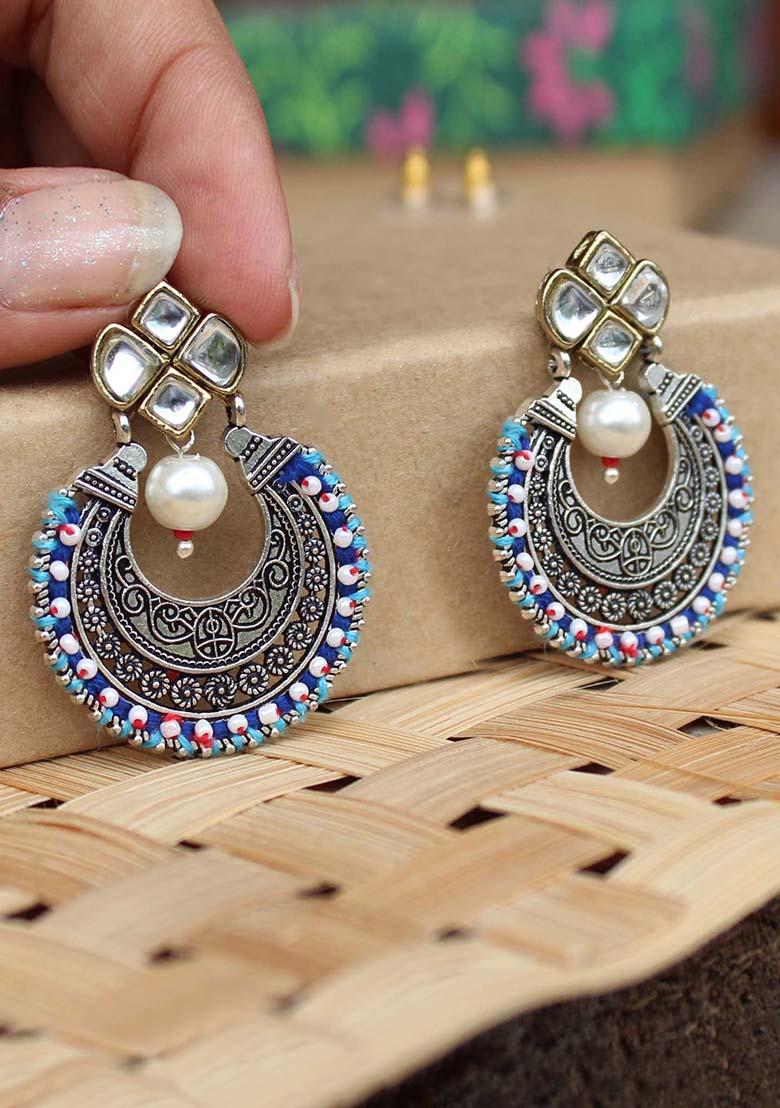 Dark Blue Mixed Alloy Kundan Stud Classic Chand Baliyan Earrings
