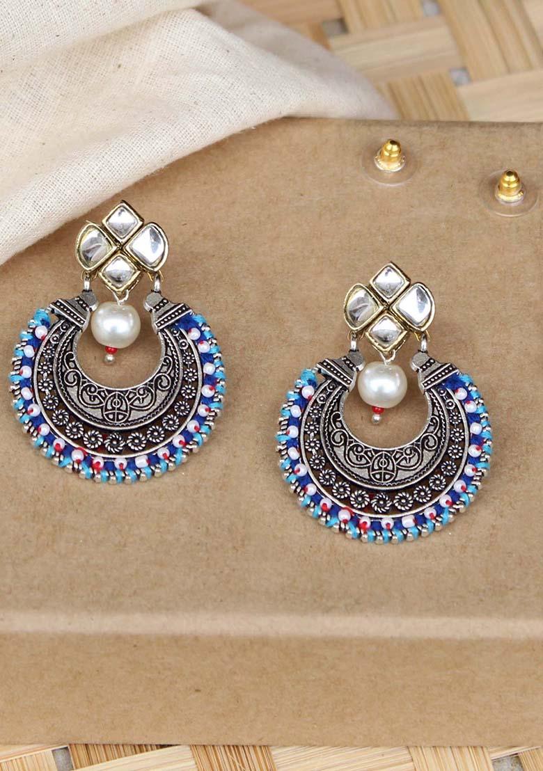 Dark Blue Mixed Alloy Kundan Stud Classic Chand Baliyan Earrings