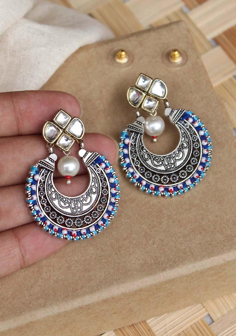 Dark Blue Mixed Alloy Kundan Stud Classic Chand Baliyan Earrings