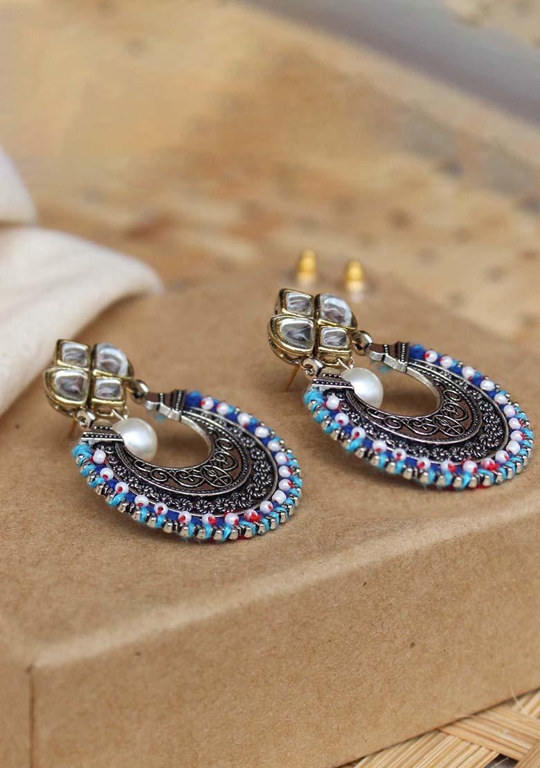 Dark Blue Mixed Alloy Kundan Stud Classic Chand Baliyan Earrings