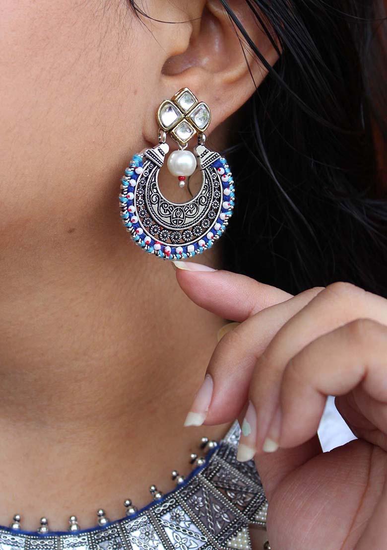 Dark Blue Mixed Alloy Kundan Stud Classic Chand Baliyan Earrings