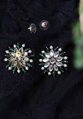 Green Mixed Alloy Pearl Twirl Pine Earrings