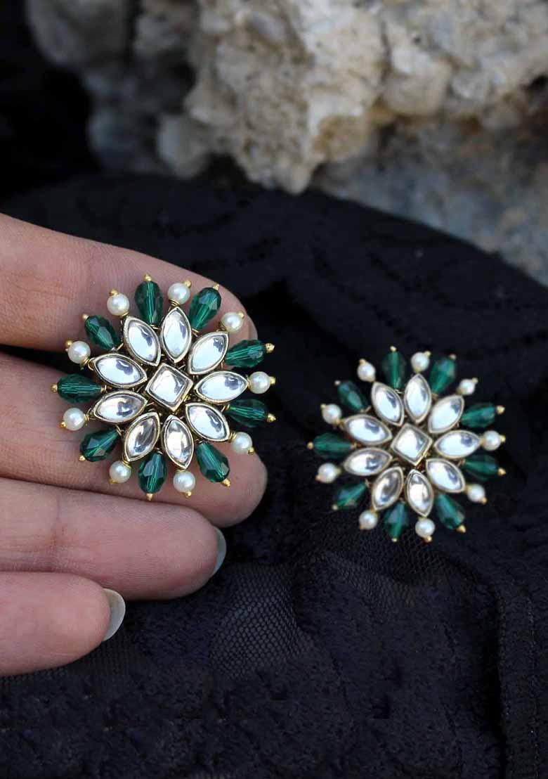 Green Mixed Alloy Pearl Twirl Pine Earrings