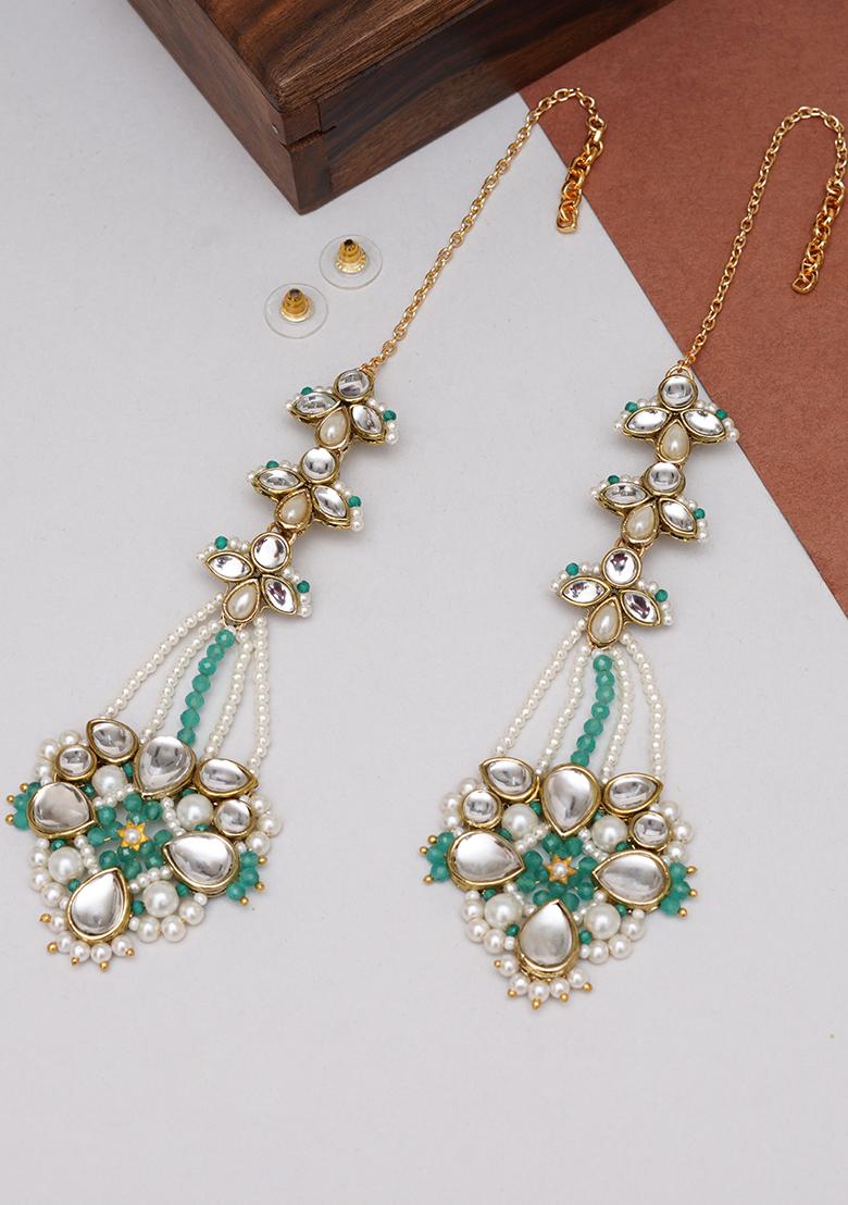 Green Mixed Alloy Gold Tone Green Beads Kundan Kanauti Earrings