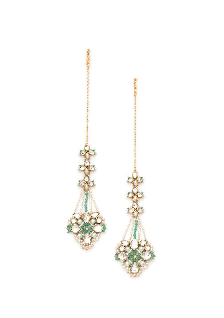 Green Mixed Alloy Gold Tone Green Beads Kundan Kanauti Earrings - Indya