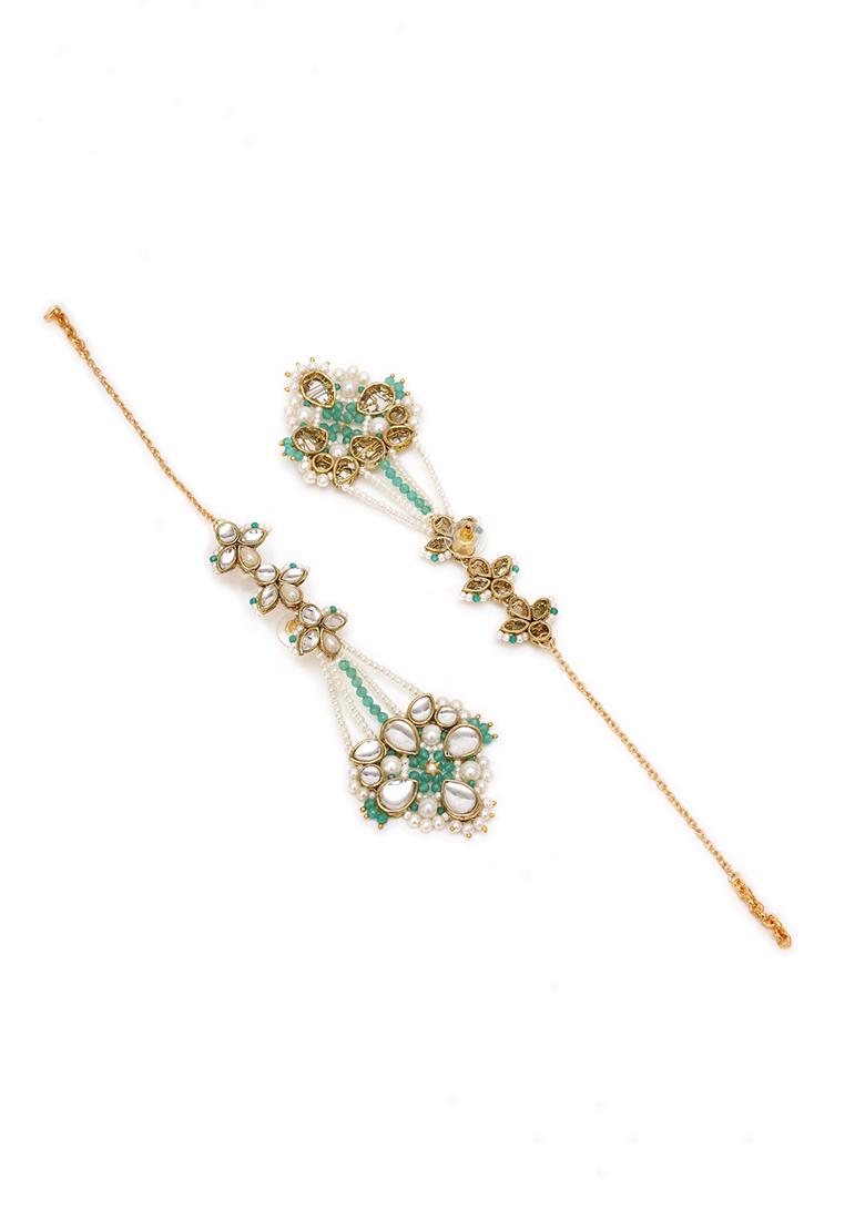 Green Mixed Alloy Gold Tone Green Beads Kundan Kanauti Earrings